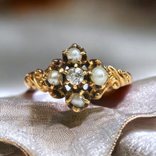 Load image into Gallery viewer, Antique 14k Yellow Gold Diamond Seed Pearl Ring Size 5.5 Victorian Estate Antique Ring Vintage Engagement Ring Art Nouveau Christmas Gift for Wife
