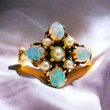 Load image into Gallery viewer, Antique 10k Yellow Gold Opal Seed Pearl Ring Size 5.5 Victorian Estate 2.15g
