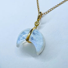 Load image into Gallery viewer, 14k Yellow Gold Crescent Moonstone &amp; Diamond Necklace 15&quot; Solid 585 Gold 2.4g

