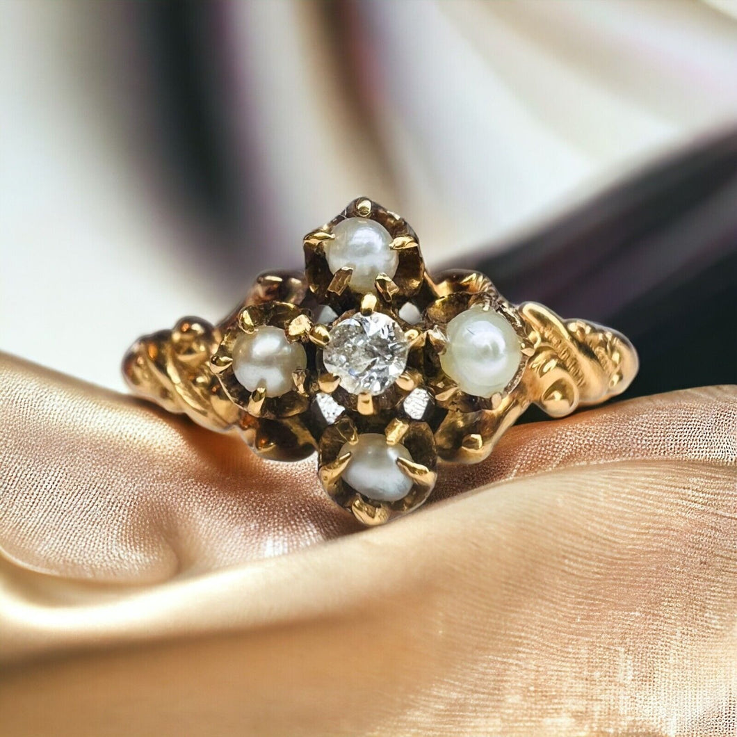 Antique 14k Yellow Gold Diamond Seed Pearl Ring Size 5.5 Victorian Estate Antique Ring Vintage Engagement Ring Art Nouveau Christmas Gift for Wife