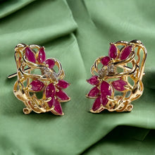 Load image into Gallery viewer, 14k Yellow Gold 3 cttw Natural Ruby &amp; Diamond Earrings Marquise Cluster Floral

