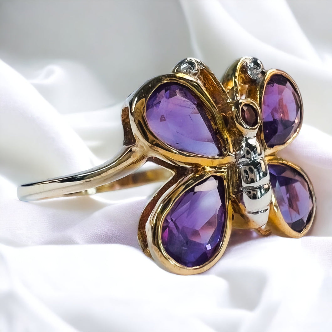 10k Yellow Gold 1.25ct Natural Amethyst Butterfly Ring Size 7 Amethyst Ring 2.2g