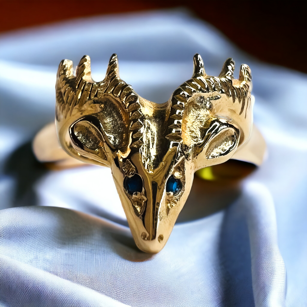 Antique 14k Yellow Gold Stag Sapphire Eyes Ring Sz 5.25 Deer Antlers Vintage 2g