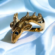 Load image into Gallery viewer, Antique 14k Yellow Gold Stag Sapphire Eyes Ring Sz 5.25 Deer Antlers Vintage 2g
