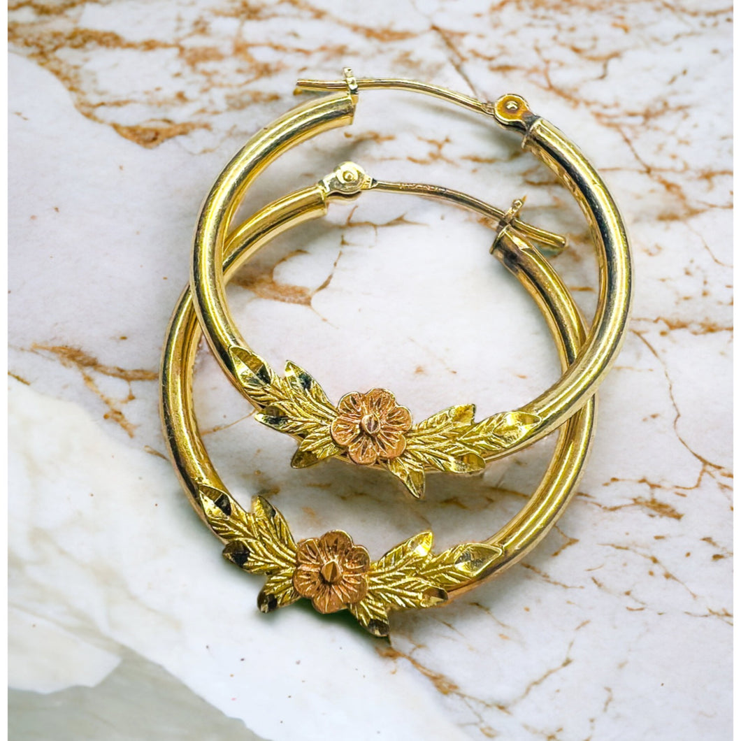 Real 10k Yellow Gold Hoop Earrings 24mm Hoops Rose Gold Flower Earrings 1.5g