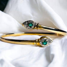 Load image into Gallery viewer, 10k Yellow Gold Natural Emerald &amp; Diamond Bracelet 7&quot; Bypass Flex Bangle 3.6g
