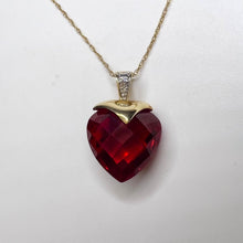 Load image into Gallery viewer, 10k Yellow Gold Ruby Diamond Necklace 18&quot; BIG 13mm Heart Briolette Red Ruby 3.3g
