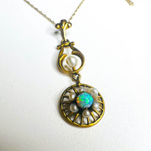 Load image into Gallery viewer, Antique Art Nouveau 10k Yellow Gold Opal Seed Pearl Necklace Lavalier Victorian

