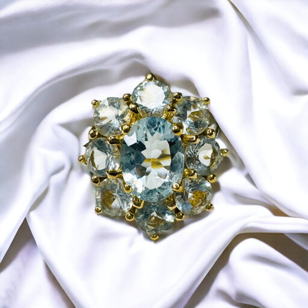 10k Gold Aquamarine Ring Size 7.25 Vintage 3 Carat Aquamarine Cluster Ring 3.3g