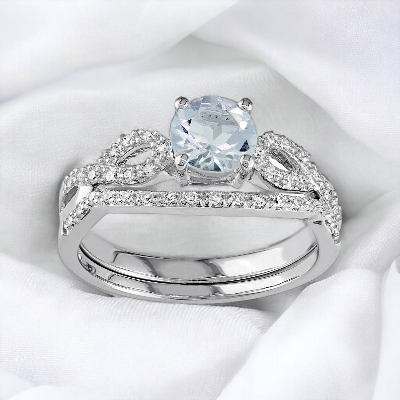 10k White Gold Aquamarine 1/6 CT T.W. Diamond Engagement Ring Set Twist Sz 8.75
