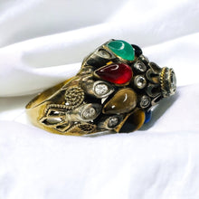 Load image into Gallery viewer, 14k Gold Harem Ring Size 8 Vintage Thai Princess Multi Gemstone Ring 4.9g
