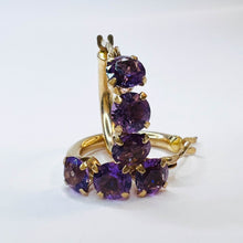 Load image into Gallery viewer, 10k Yellow Gold Natural Amethyst Hoop Earrings 17mm Prong Set Hoops 1g February
