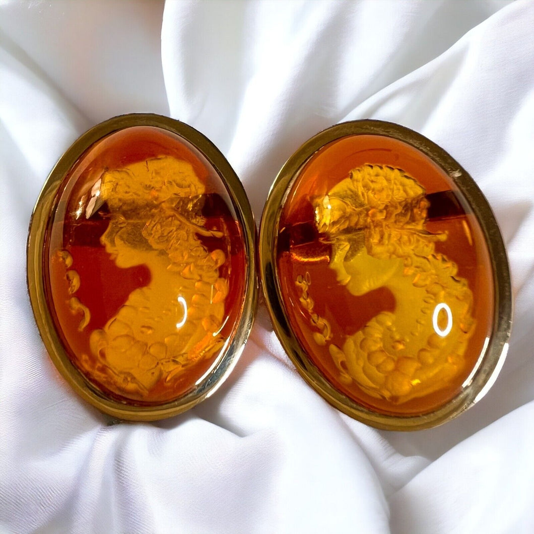 Antique 14k Gold Amber Cameo Earrings 30 CTTW Vintage Carved Oval Cabochons 7.7g