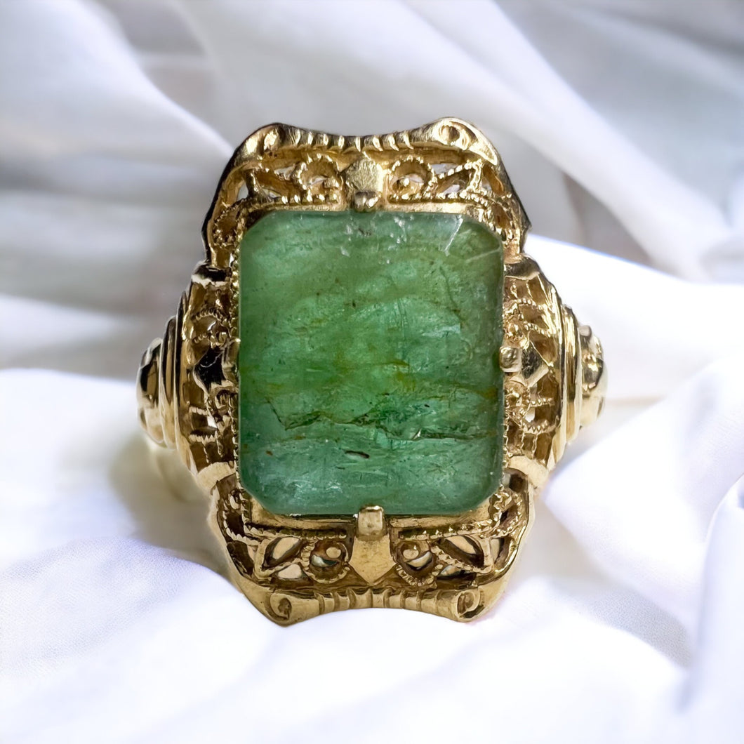 10k Yellow Gold Antique Emerald Ring Size 5 Natural Emerald 1.5CTTW Vintage Ring