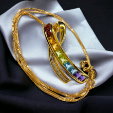 Load image into Gallery viewer, 14k Solid Yellow Gold Multi Gemstone &amp; Diamond Necklace 18&quot; X Rainbow Pendant
