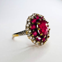 Load image into Gallery viewer, 10k Yellow Gold 2cttw Ruby Cluster Ring Size 7 Flower Ring 8mm Ruby 3.5g July Birthstone White Sapphire Ring Anniversary Gift for Wife
