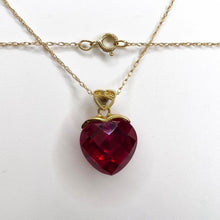 Load image into Gallery viewer, 10k Yellow Gold Ruby Diamond Necklace 18&quot; BIG 11mm Heart Briolette Red Ruby 2g
