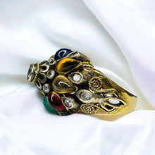 Load image into Gallery viewer, 14k Gold Harem Ring Size 8 Vintage Thai Princess Multi Gemstone Ring 4.9g
