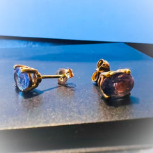 Load image into Gallery viewer, Natural Tanzania Mined Alexandrite Tanzanite Earrings 10k Yellow Gold 1.88cttw Bi Color Color Changing Studs 1.2g
