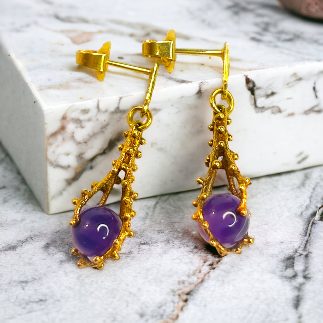 Antique Earrings Vintage Earrings Brutalist Earrings Amethyst Orb Ball Earrings Victorian Earrings Dangle Earrings Antique Brutalist Organic Free Form Earrings with Amethyst Solid 14k Gold Free Form Franz Breuning Early 20th Century Jewelry Best Gift for Wife Anniversary Gift for Wife Girlfriend February Birthstone Vine Earrings Coral Reef Jewelry Mothers Day Gift