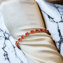 Load image into Gallery viewer, 10k Yellow Gold Padparadscha Sapphire Tennis Bracelet 7.25&quot; 18.5ct Diamonds 9.4g
