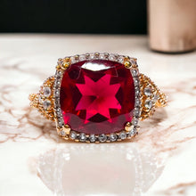 Load image into Gallery viewer, 10K Rose Gold 2.55cttw Ruby Halo Ring Size 7.5 Cluster Engagement Ring
