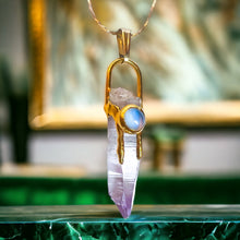 Load image into Gallery viewer, Solid 14k Yellow Gold Amethyst &amp; Moonstone Necklace 16&quot; Crystal Spike 3.1g
