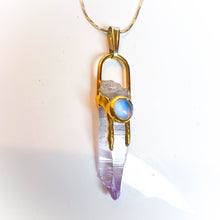 Load image into Gallery viewer, Solid 14k Yellow Gold Amethyst &amp; Moonstone Necklace 16&quot; Crystal Spike 3.1g
