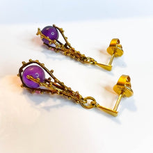 Load image into Gallery viewer, Antique 14k Yellow Gold Brutalist Amethyst Earrings Late Victorian Dangle Drop
