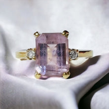 Load image into Gallery viewer, 10k Yellow Gold Morganite Emerald Cut Ring Three Stone Past Present Future Engagement Ring Wedding Ring Vintage Genuine Morganite Natural Gemstones Solid Gold Fine Jewelry Temple of Amara Antique Jewelry Vintage Rings Pink Rings Diamond Ring Real Diamond Rings 
