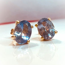 Load image into Gallery viewer, Natural Tanzania Mined Alexandrite Tanzanite Earrings 10k Yellow Gold 1.88cttw Bi Color Color Changing Studs 1.2g
