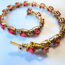 Load image into Gallery viewer, 10k Yellow Gold Padparadscha Sapphire Tennis Bracelet 7.25&quot; 18.5ct Diamonds 9.4g
